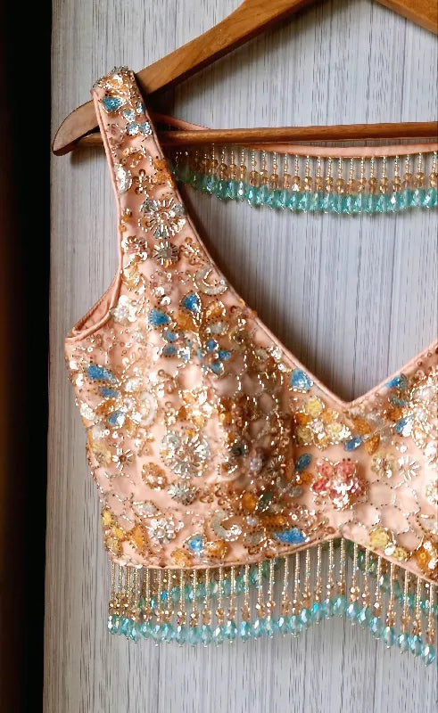 Peach Embroidered Net Blouse, Beads Fringes, Deep V Neck