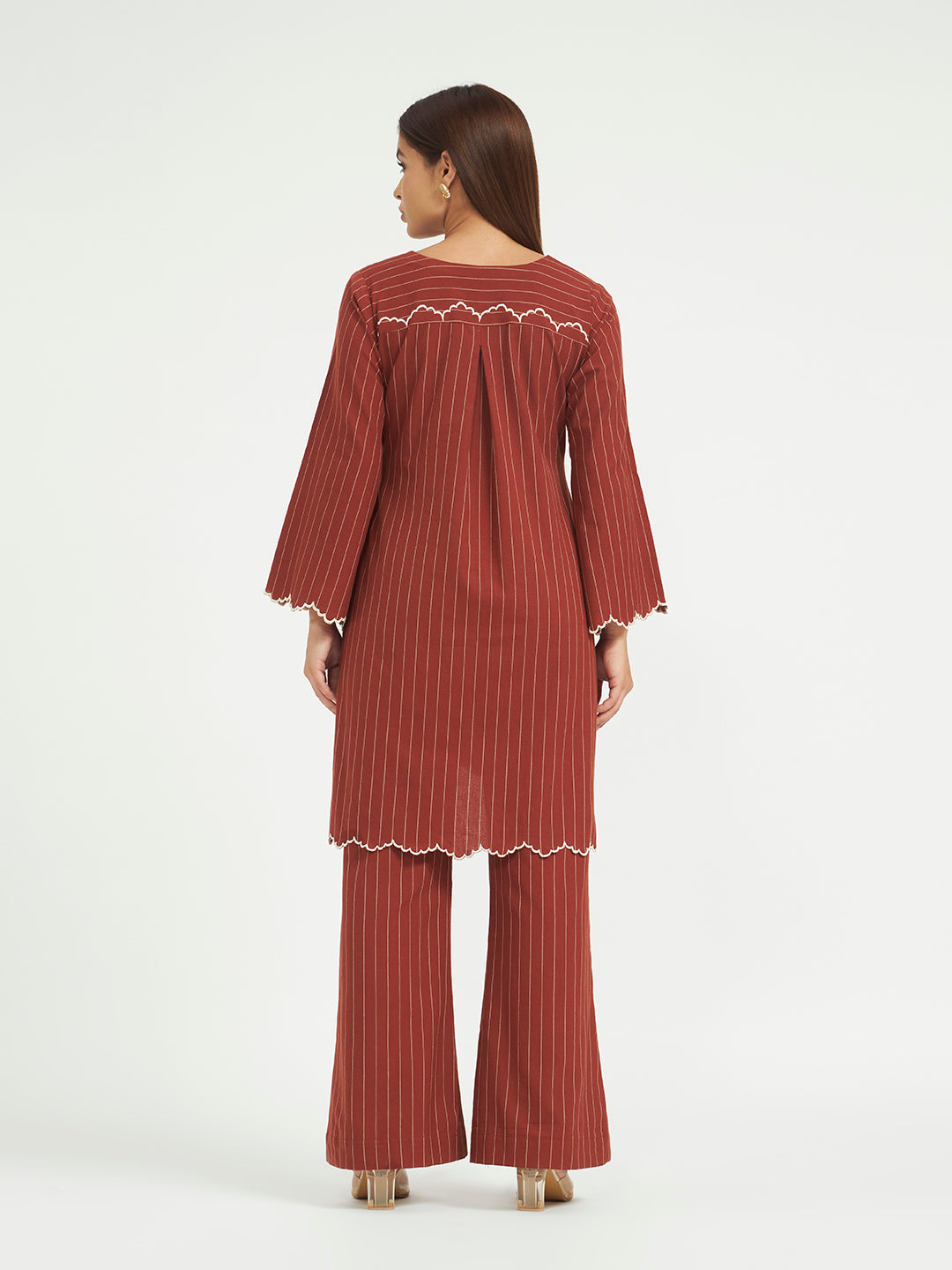 Rust Pinstripe Co-ord Set with Scalloped Hem