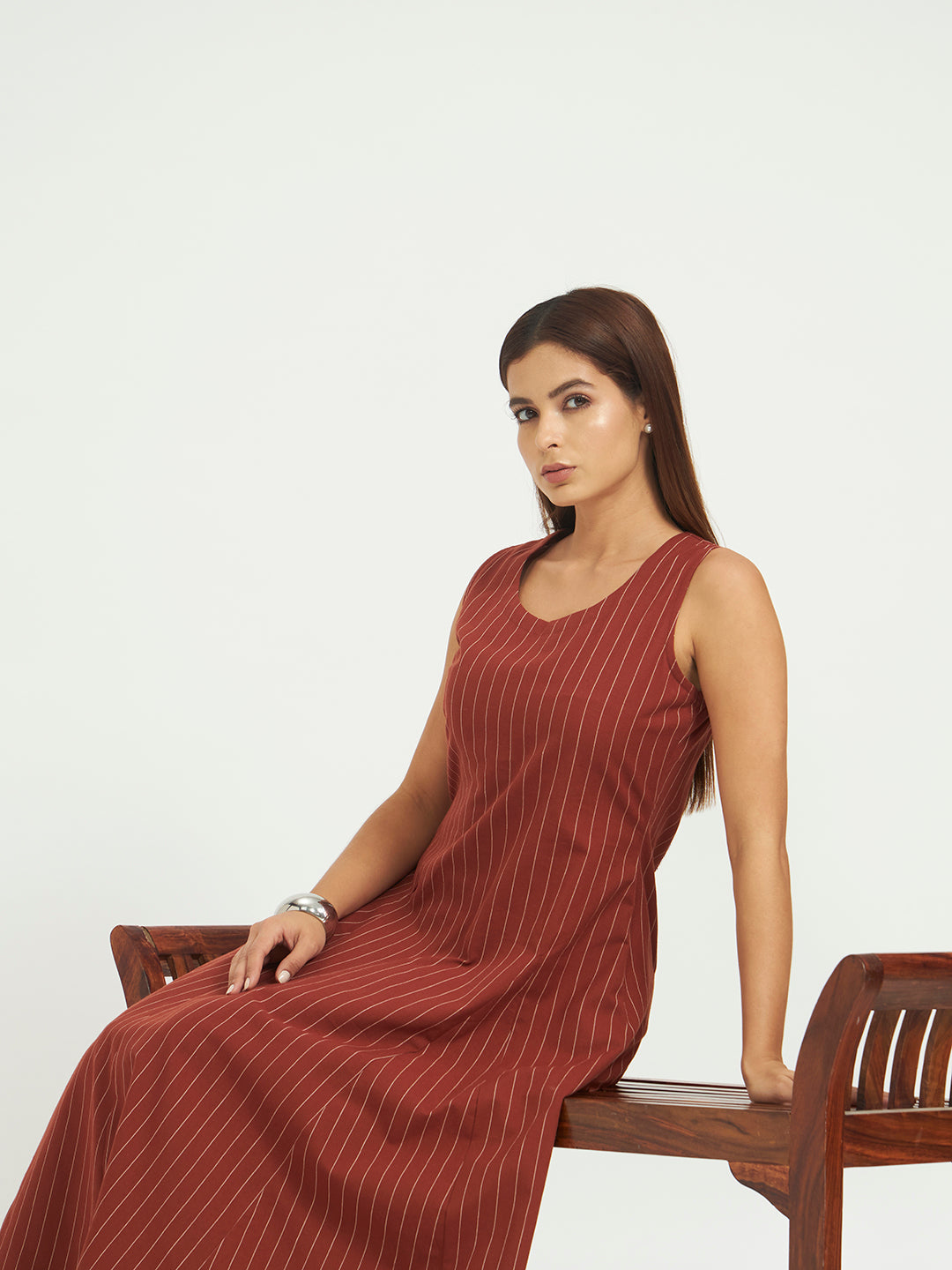 Rust Pinstripe A-Line Maxi Dress