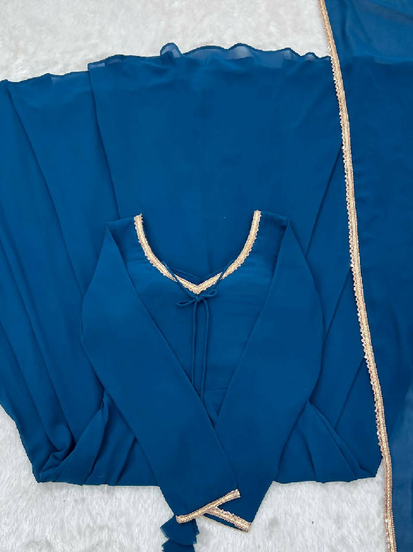 Blue pleated choli style flaired anarkali gown with dupatta