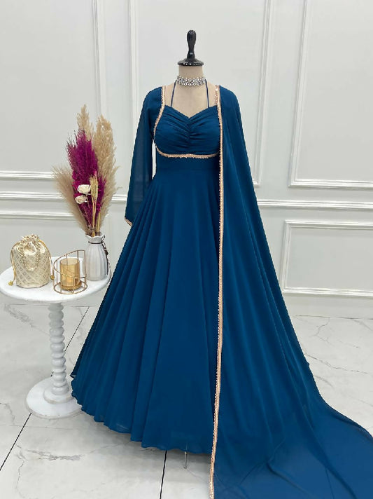 Blue pleated choli style flaired anarkali gown with dupatta