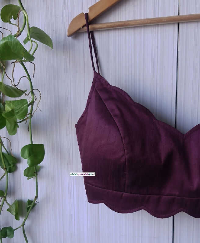 Burgundy Wine Blended Raw Silk Scallop Neck Blouse