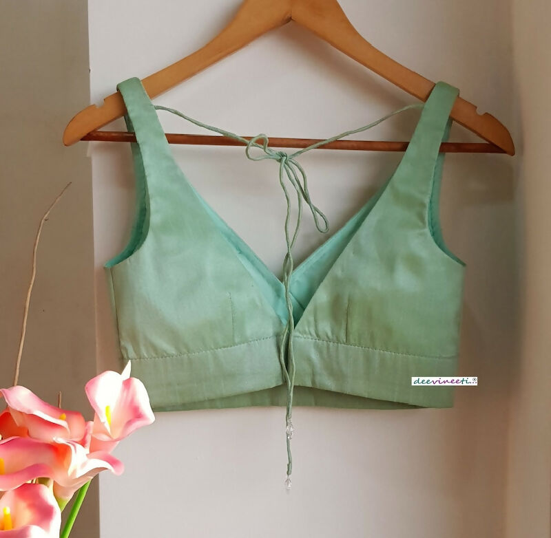 Mint Green Blended Raw Silk Deep V Neck Blouse