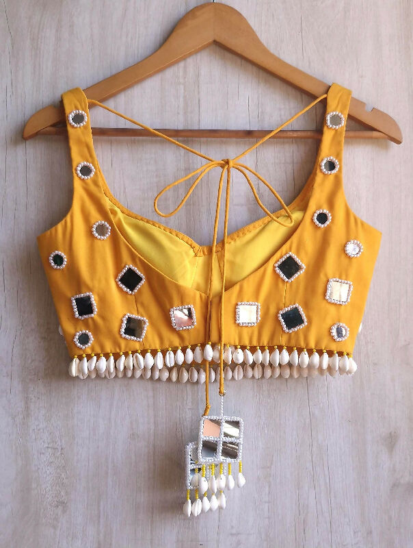 Amber Yellow Rayon Cotton Blouse, Mirror Embroidered Semi Sweetheart Neckline
