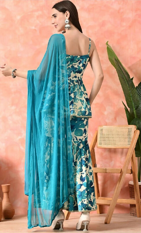 Blue spaghetti peplum top with sharara and dupatta set