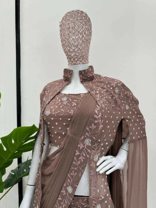 Brown ready to wear lehenga saree with cape set