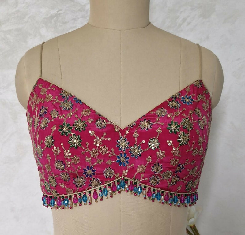 Magenta Pink Embroidered Crepe Silk Deep V Neck Blouse