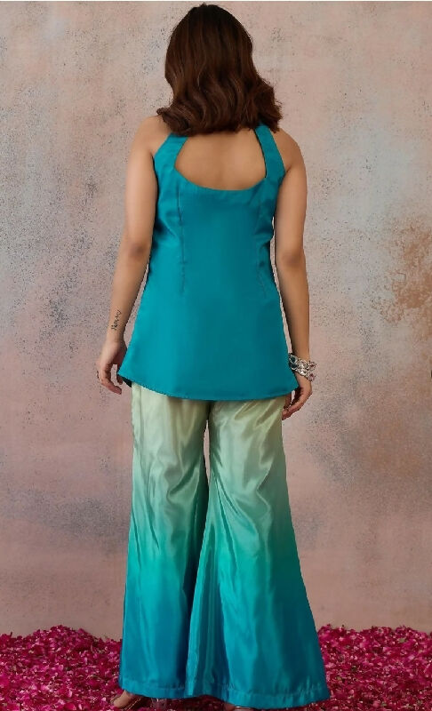 Blue front slit halter neck kurti with shaded sharara set