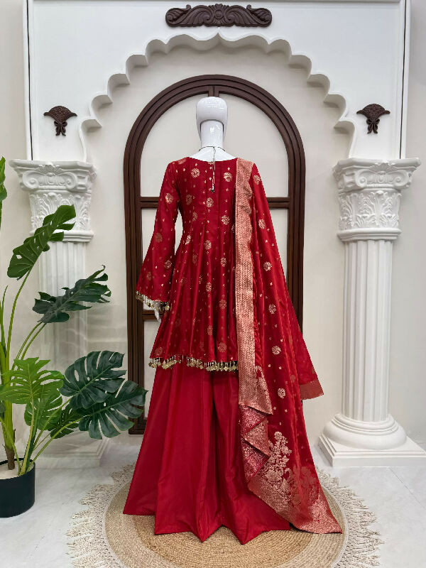 Red floral a line peplum kurti with palazzo and dupatta set