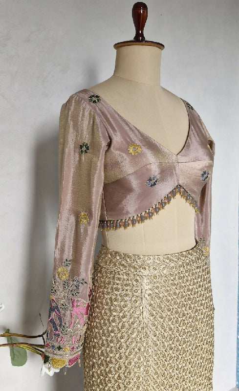Embroidered Dusty Rose Pink Tissue Silk Blouse Long Sleeves