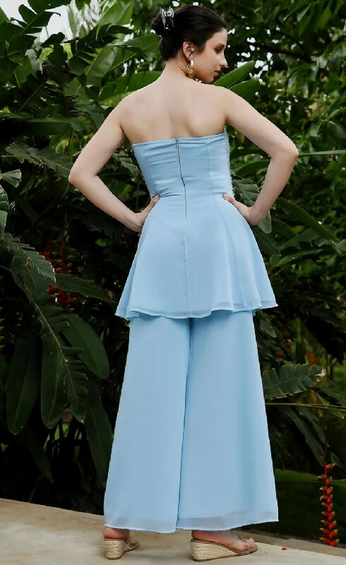 Blue strapless peplum top with palazzo and dupatta set