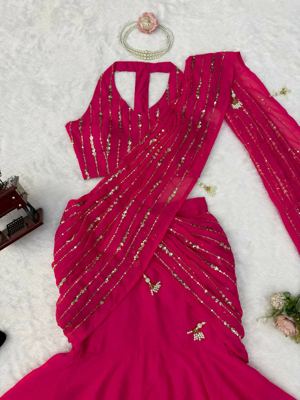 Pink fish cut lehenga saree with blouse