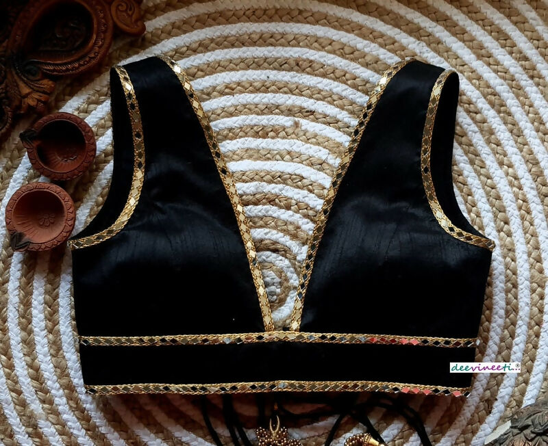 Black Blended Raw Silk Deep V Neck Blouse Mirror Work