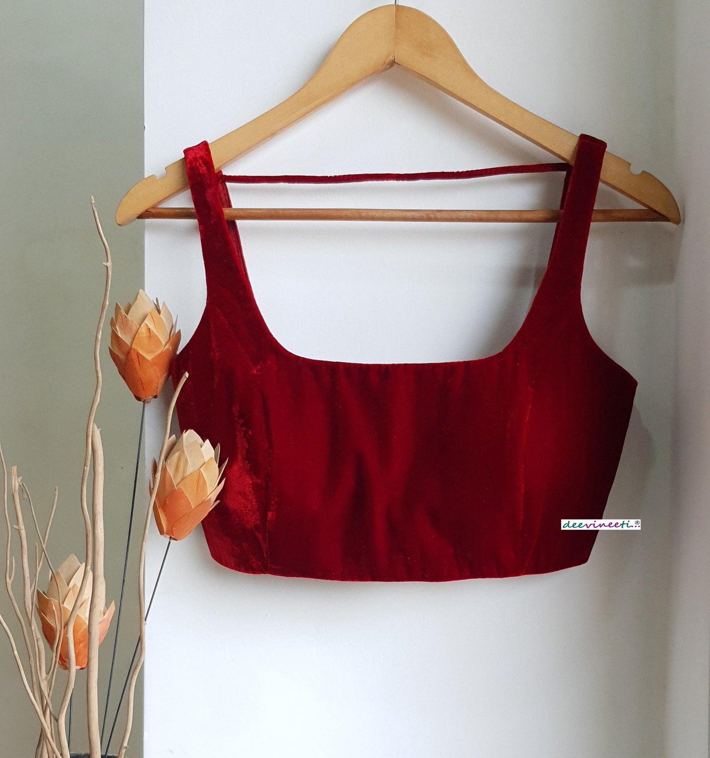 Burgundy Velvet Saree Lehenga Blouse Square Neckline - Sleeveless & Half Sleeve