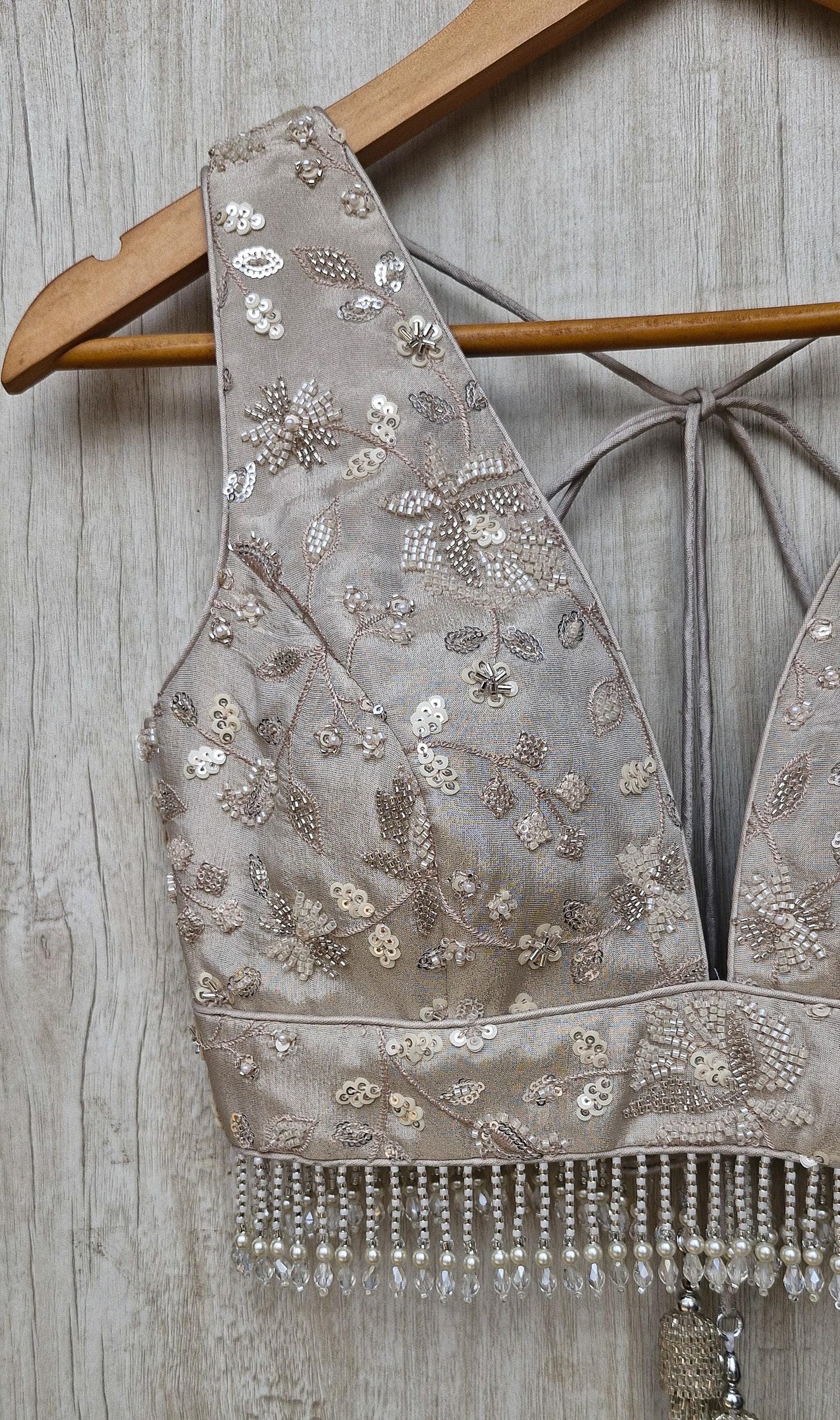 Warm Silver Embroidered Tissue Silk Blouse