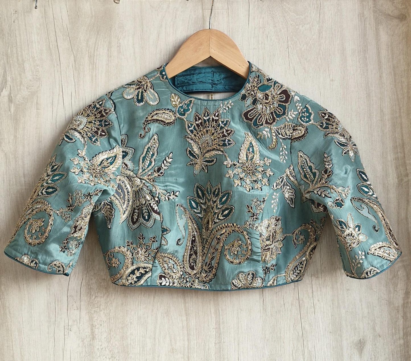 Green Embroidered Crepe Half Sleeves Blouse