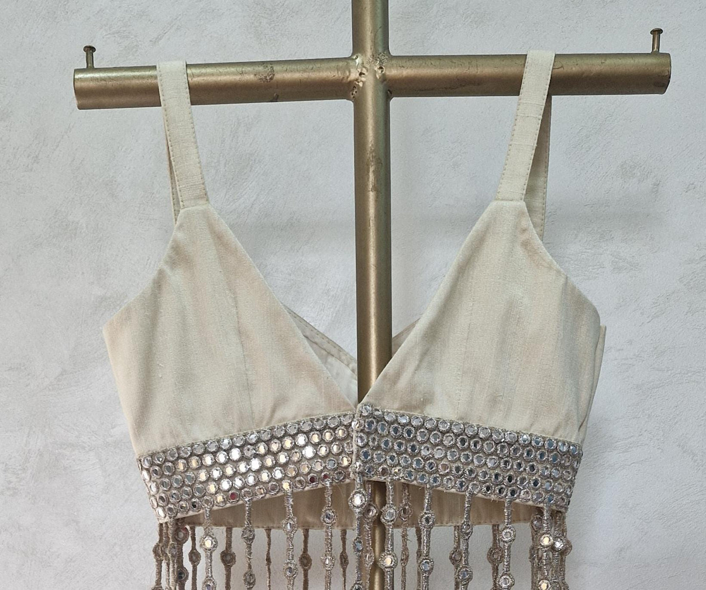 Cream Gold Raw Silk V Neck Blouse, Mirror Fringes