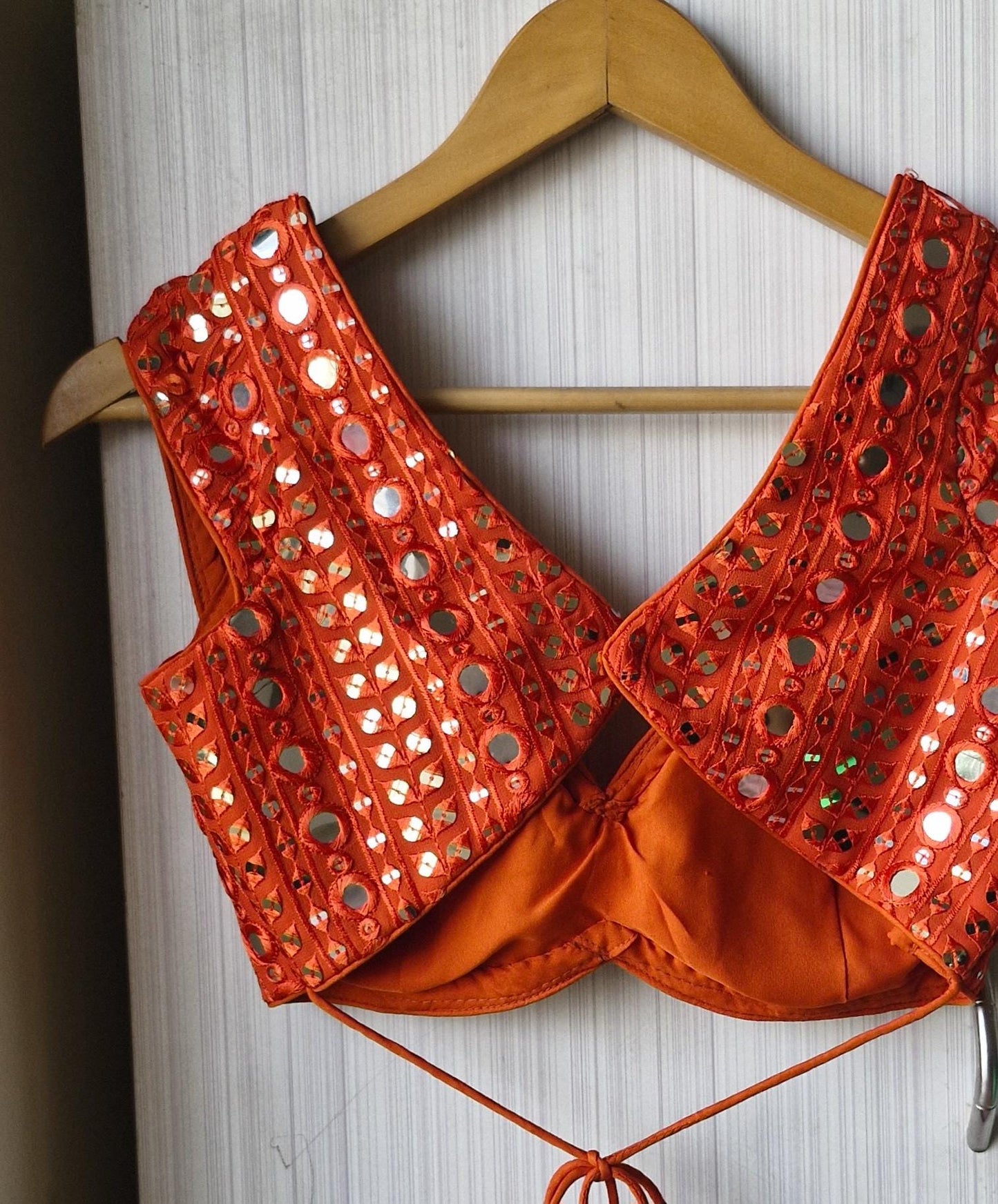 Burnt Orange Embroidered Georgette Blouse, Cap Sleeves Sweetheart Neck