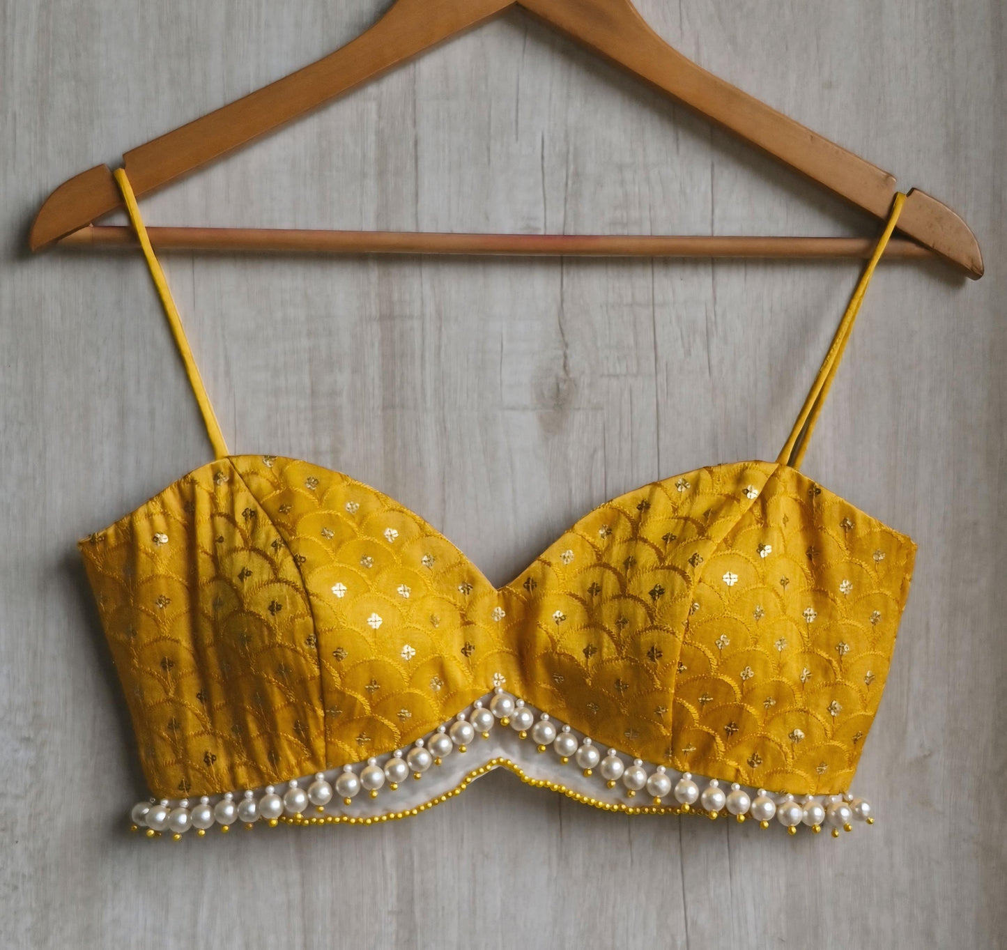 Mustard Embroidered Silk Blouse, Pearl Fringes Spaghetti Bralette