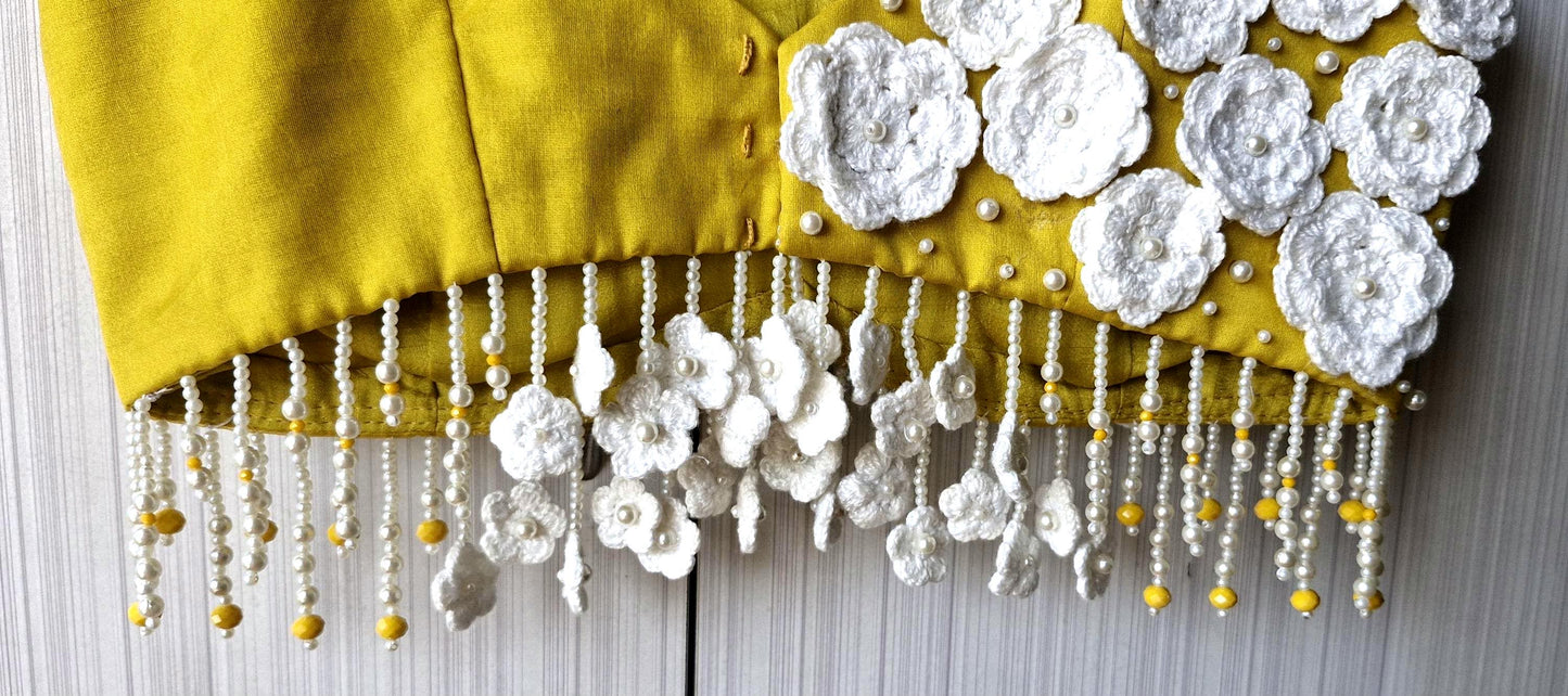 Mustard Embroidered Organza Blouse, Crotchet Flowers Fringes Spaghetti