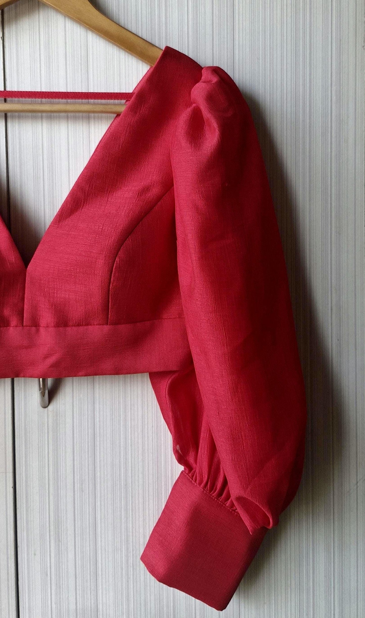 Raspberry Pink Art Silk Blouse, Balloon Sleeves V Neck
