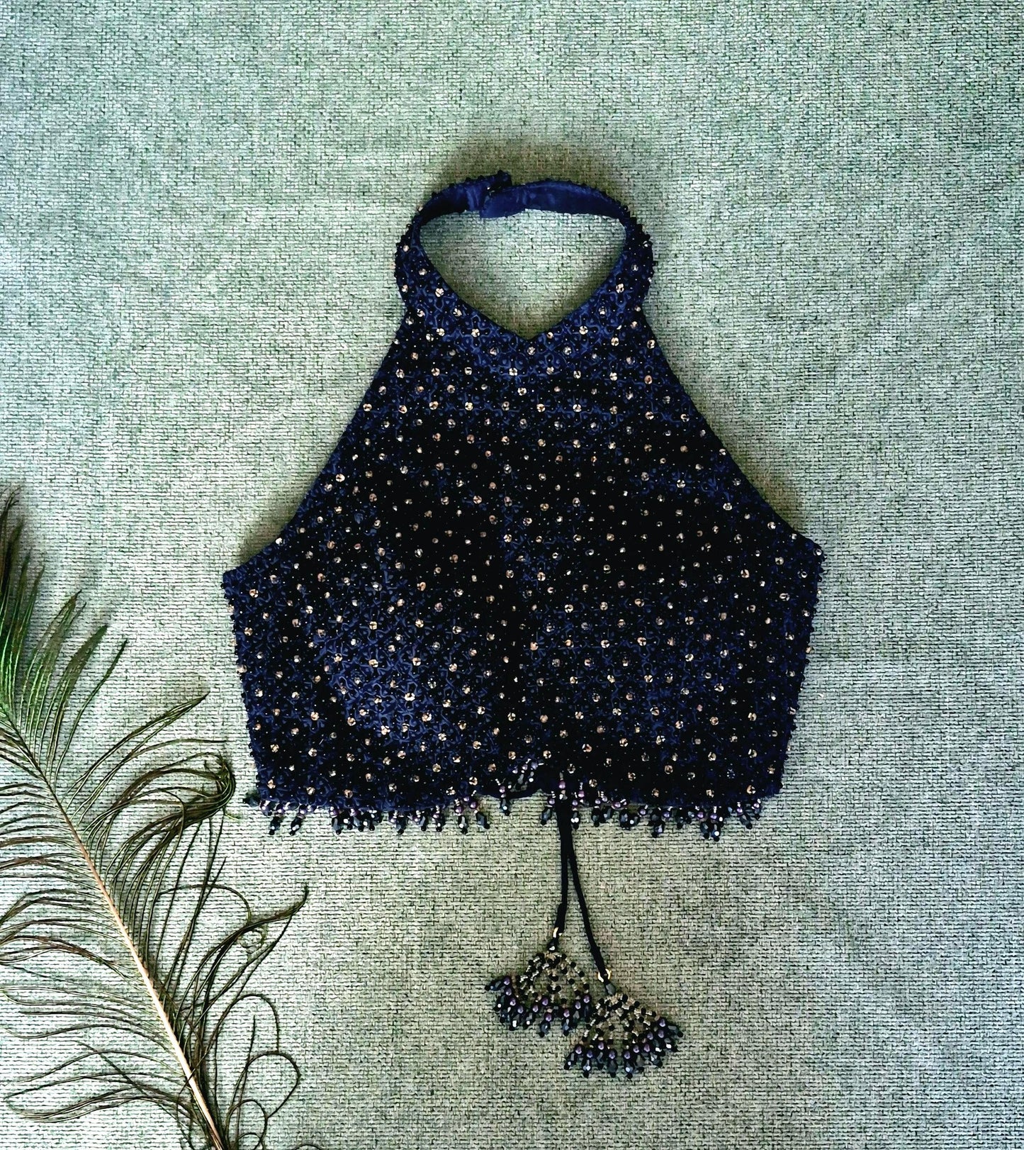 Navy Blue Hand Embroidered Georgette Blouse, Beads Embellished, Halter