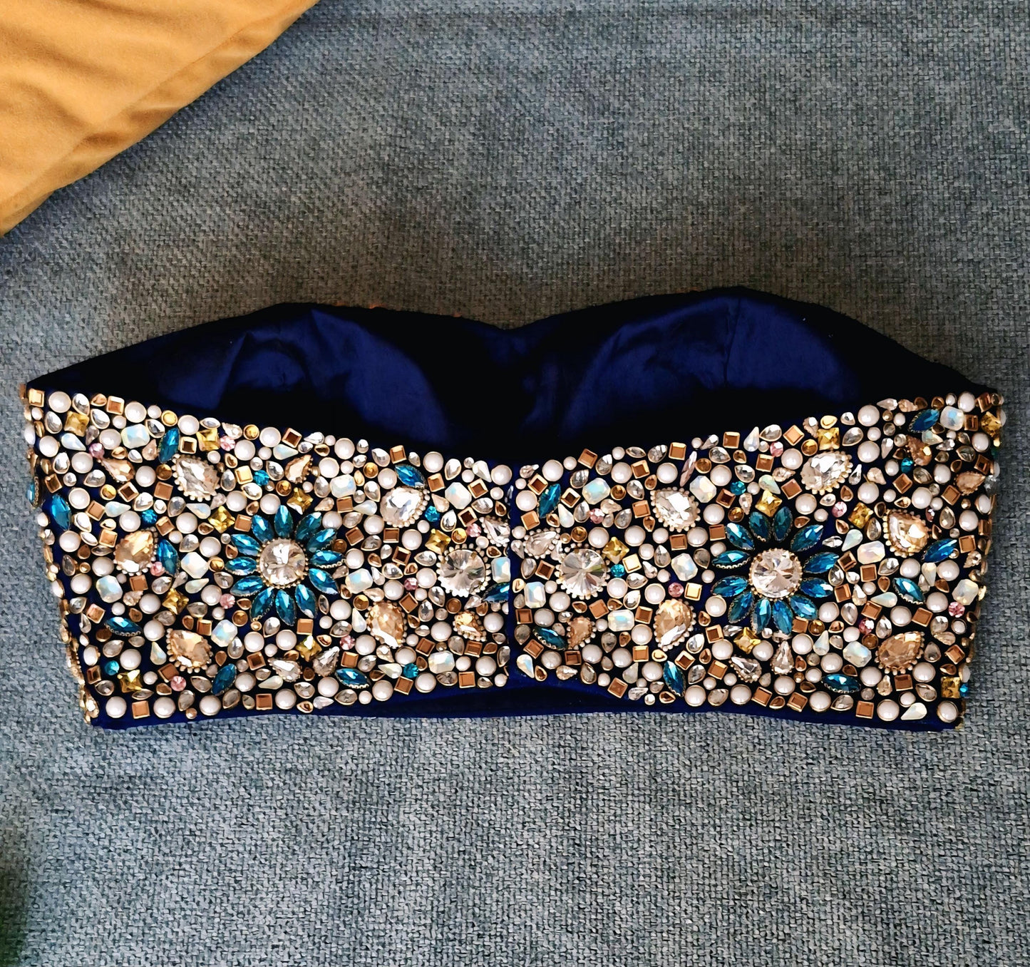 Hand Embroidered Bejeweled Blue Blouse, Kundan Embellished, Strapless Bralette