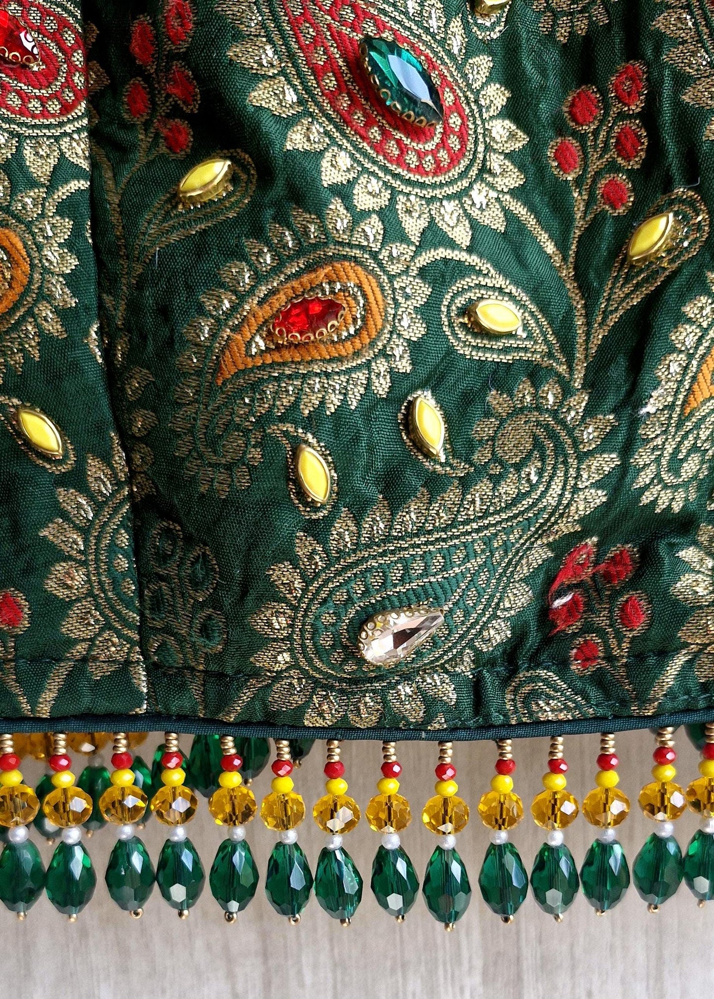 Green Brocade DeepV Neck Blouse, Kundan Embellished, Beads Fringes
