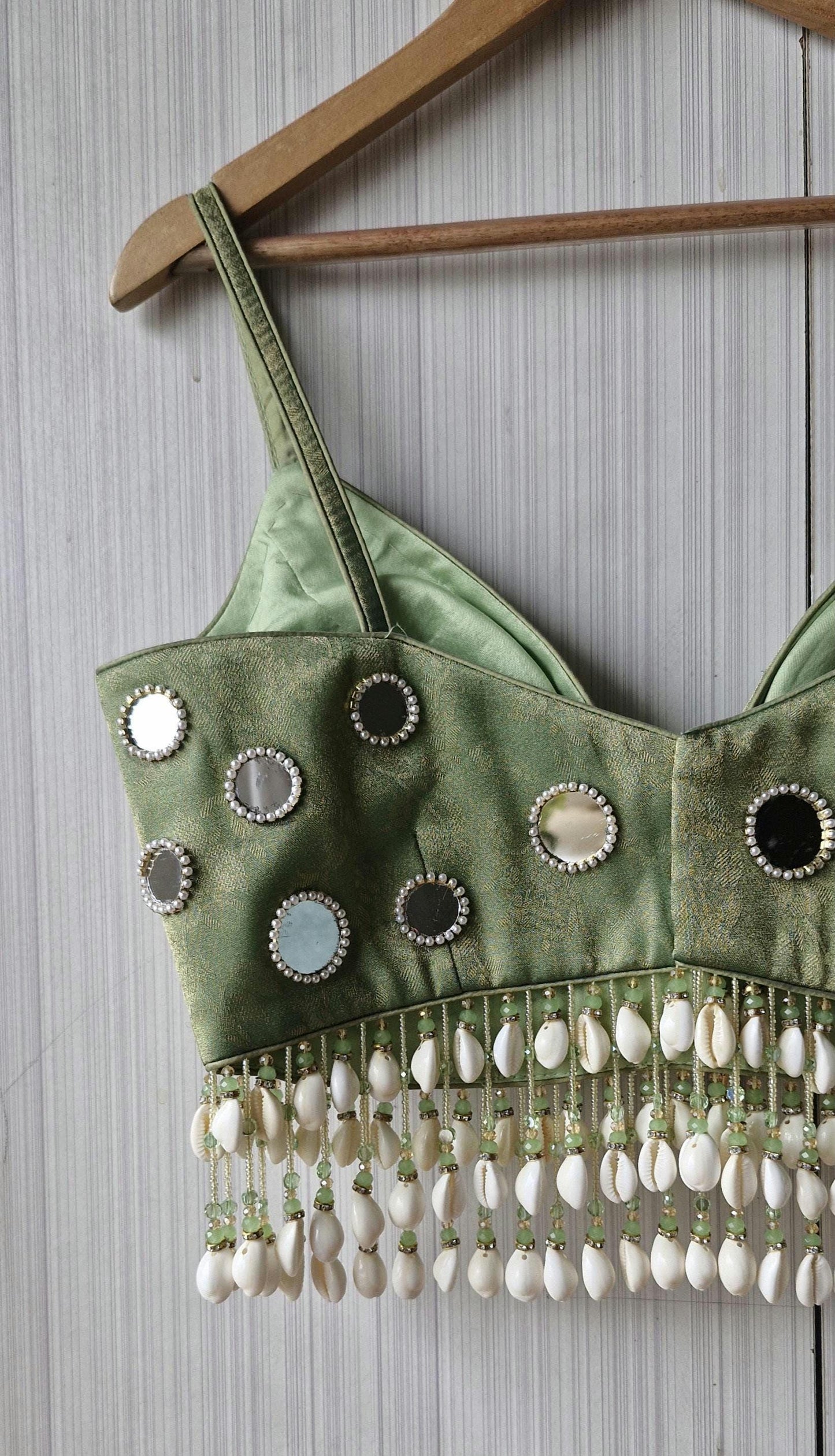 Hand Embroidered Sage Green Blouse, Mirror, Shells Embellishment, Plunge