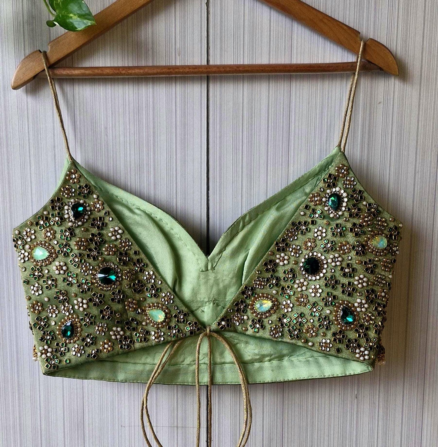 Hand Embroidered Green Blouse, Kundan Embellishment, Bejeweled Bralette