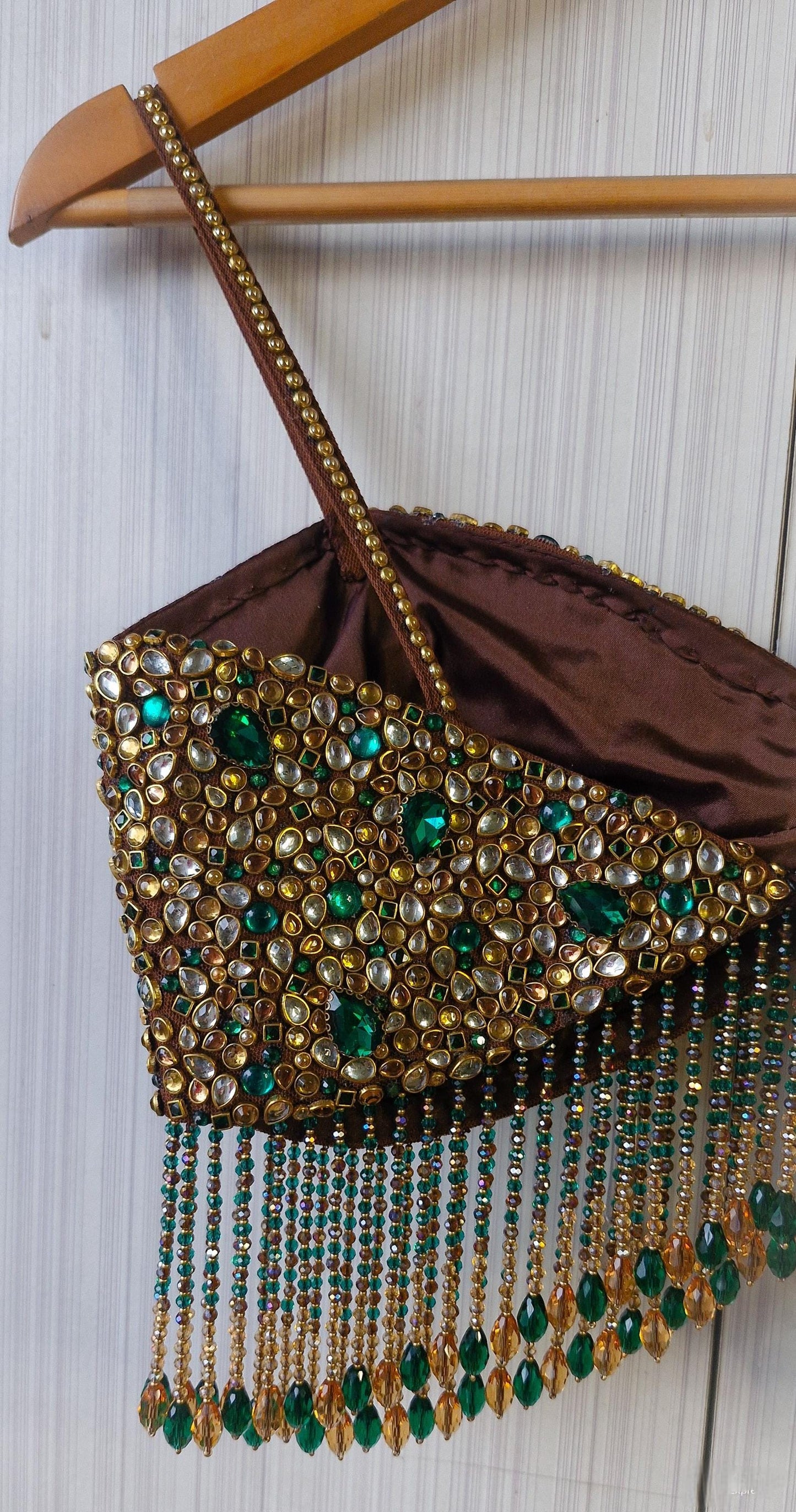 Hand Embroidered Brown Spaghetti Blouse, Beads & Kundan Embellishment, Bejeweled Bralette DVBL_516