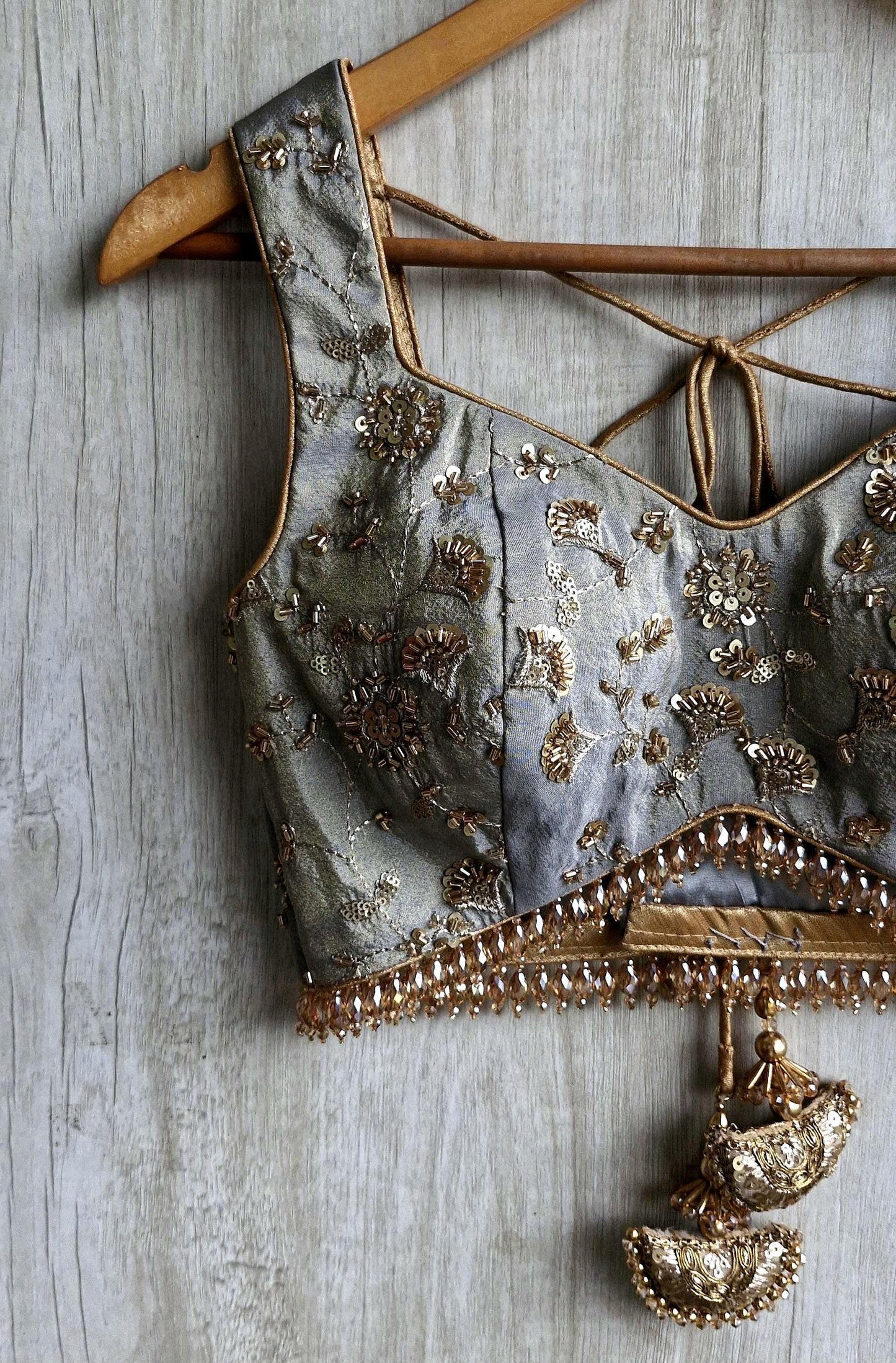 Grey Embroidered Tissue Silk Sweetheart Neck Blouse