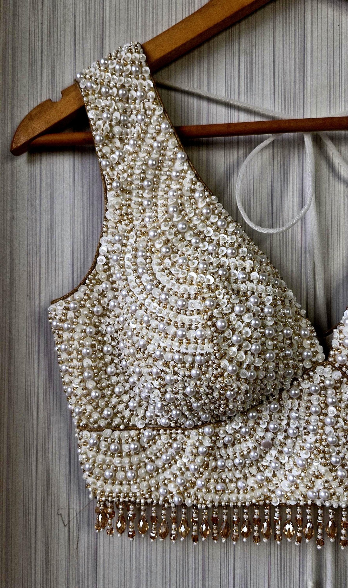 Hand Embroidered Ivory Gold Blouse, V Neck, Beads & Sequins DVBL_518