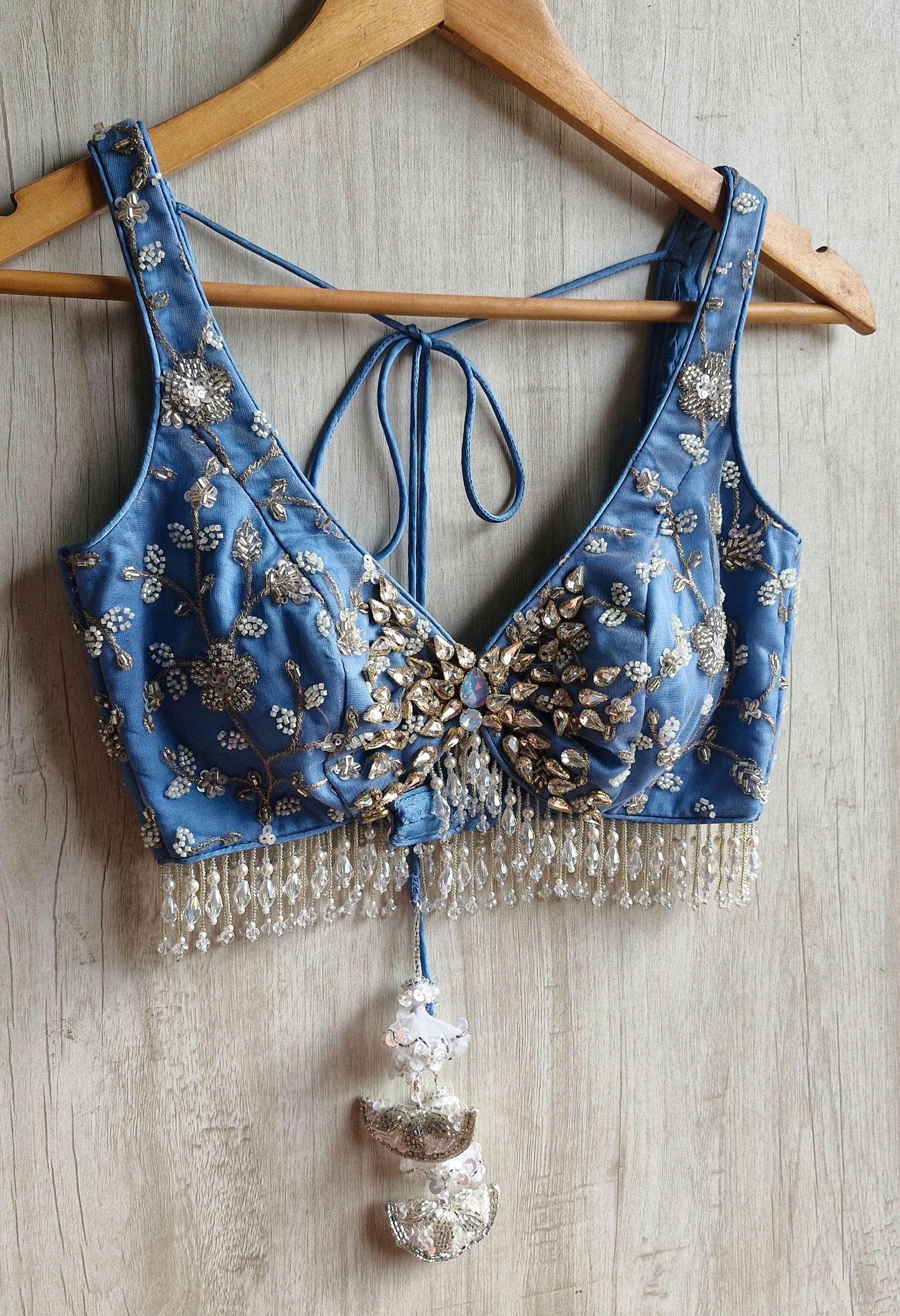 Embroidered Ice Blue Bejeweled Blouse, Stones Embellished Bralette