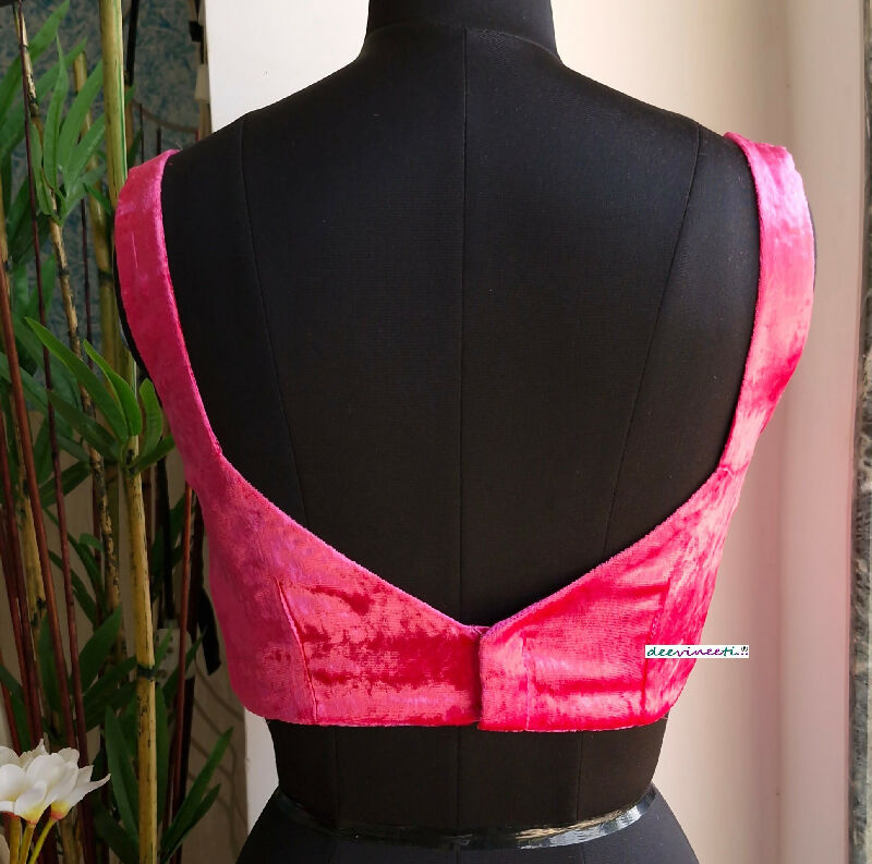 Hot Pink Velvet Saree Lehenga Blouse Sleeveless Sweetheart Neck