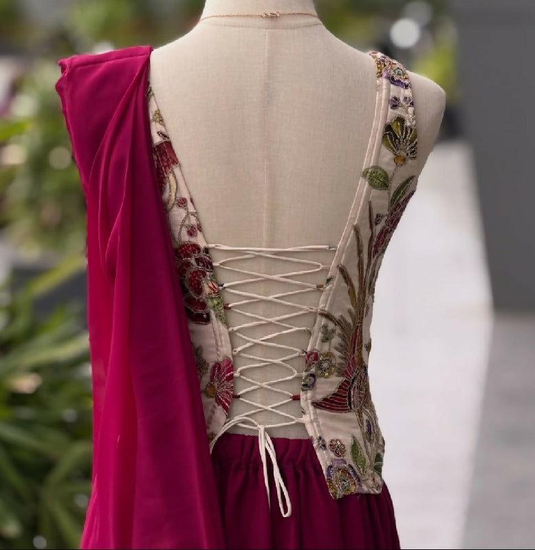 Pink ready to wear one min saree with corset blouse