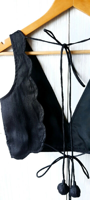 Black Blended Raw Silk Deep V Neck Blouse