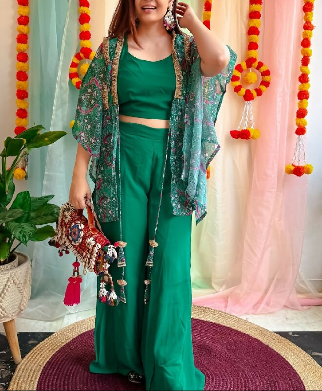 Green crop top with palazzo and shrug 3pc set