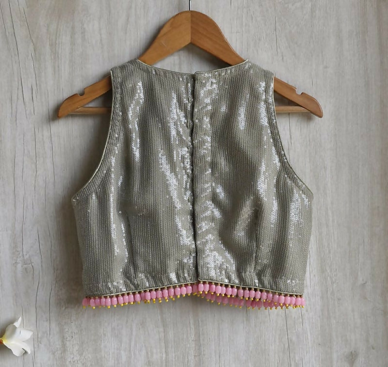 Sequin Embroidered Greenish Grey Jewel Neck Blouse, Handmade Fringes