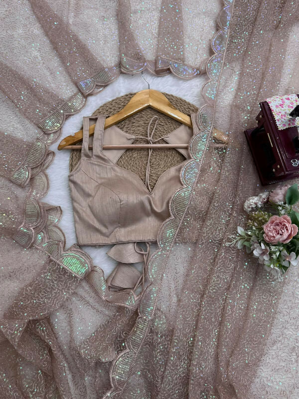 Beige gold sequin embroidery saree with blouse