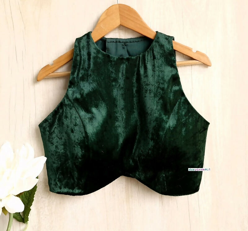Bottle Green Viscose Velvet Saree Lehenga Blouse Jewel Neck