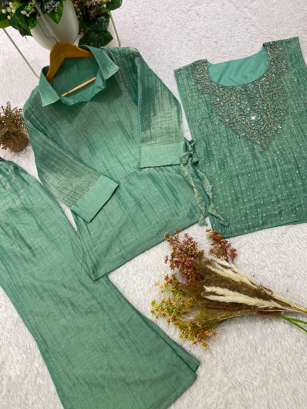 Green indo western crop top with short kurti and pent set