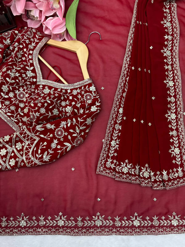 Red bridal fancy saree with blouse and dupatta 3pc set