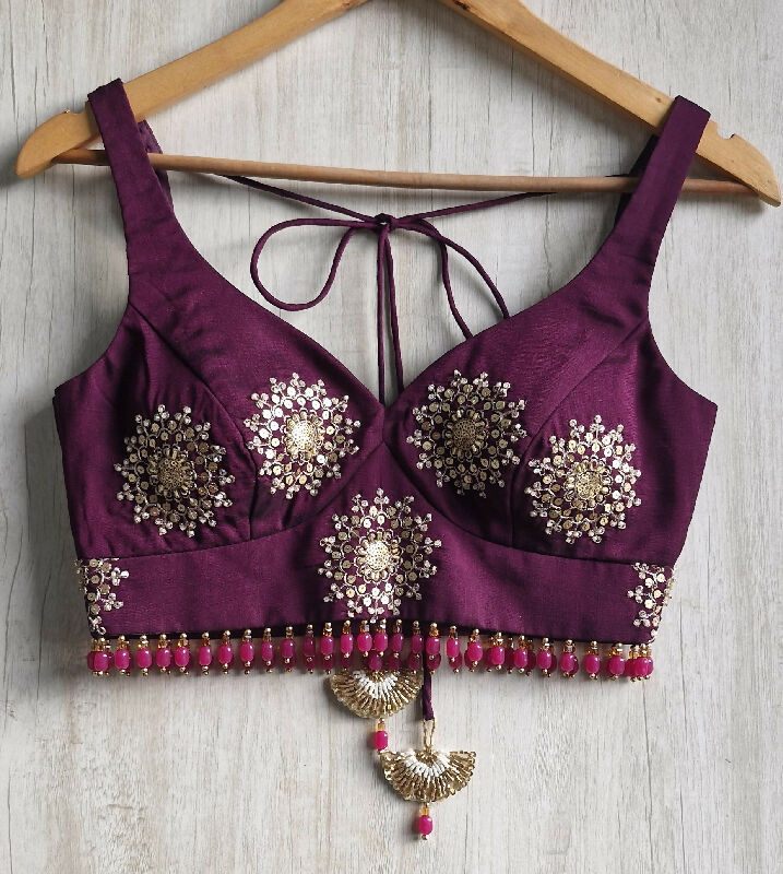 Wine Embroidered Silk Sweetheart Neck Blouse