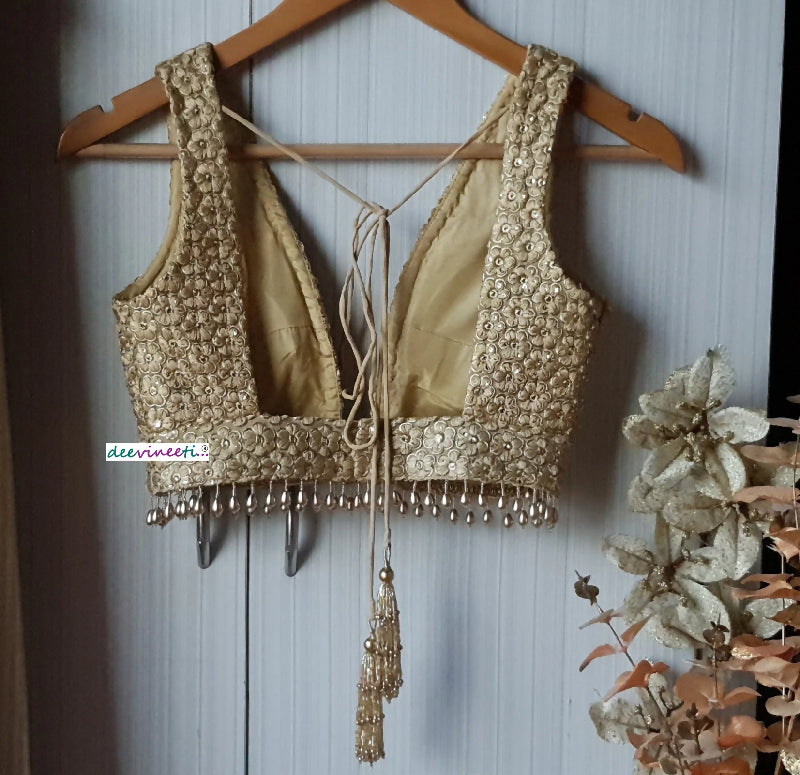 Embroidered Gold Georgette Saree Blouse, Plunge Neckline DVBL_139