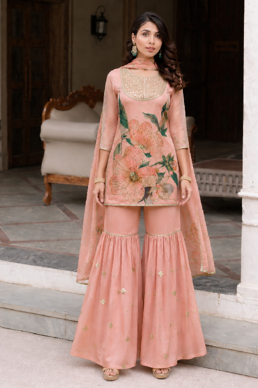 Pink indian punjabi kurti with sharara abd dupatta 3pc set