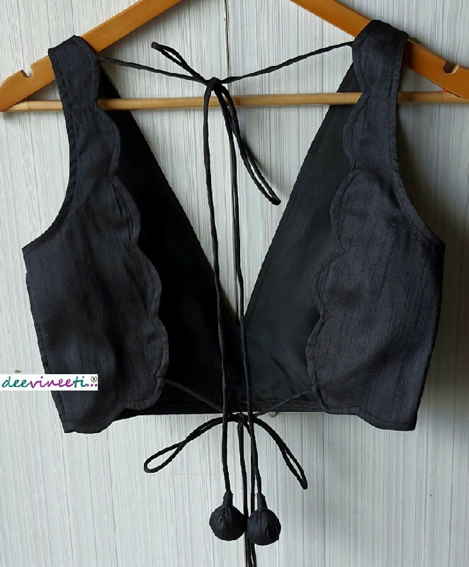 Black Blended Raw Silk Deep V Neck Blouse