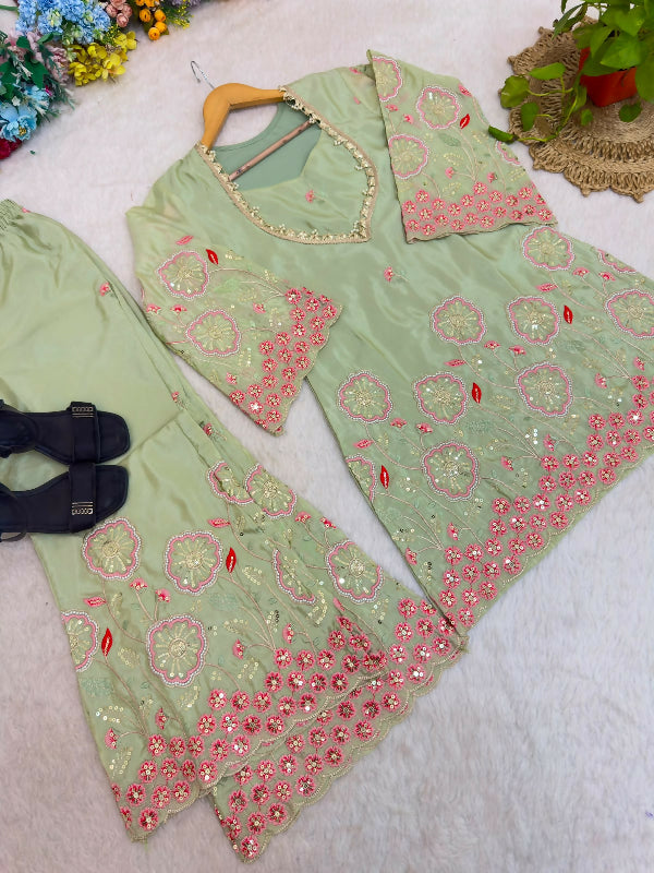 Green silk indo western crop top with kurti and sharara 3pc set