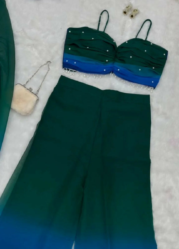 Green ombre shaded indo western crop top with palazzo and jacket