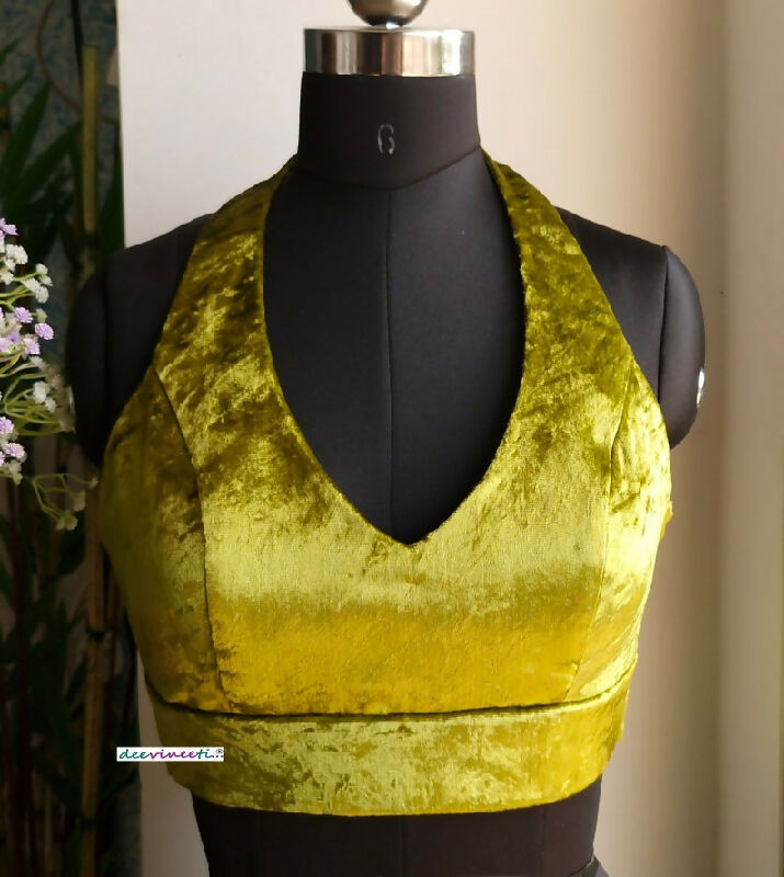 Olive Green Viscose Velvet Halter Neck Saree Lehenga Blouse